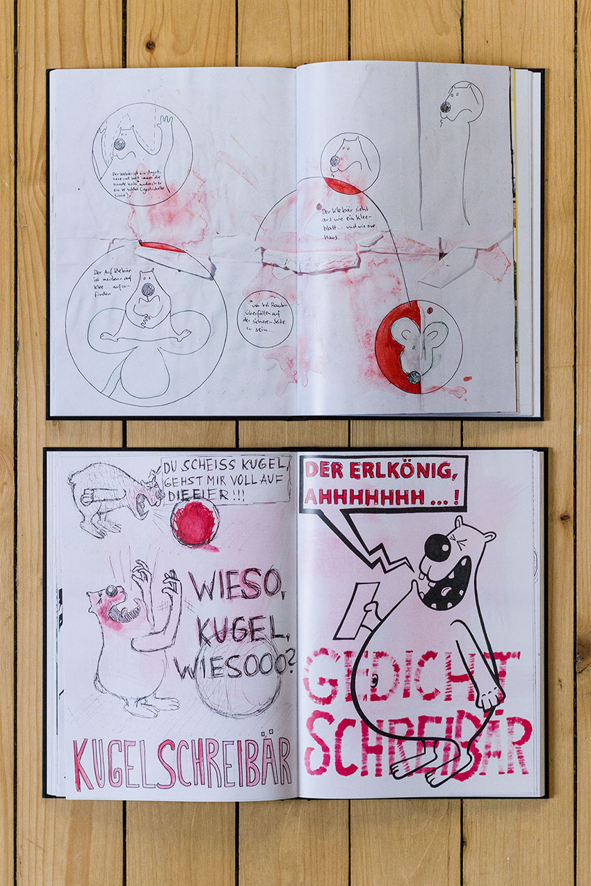 Das Bärenbuch auf Parkettboden - Das Bärenbuch, lustige Wortwitze mit Bären im Cartoon und Comicstil von Künstler, Illustrator und Autor Markus Wülbern
